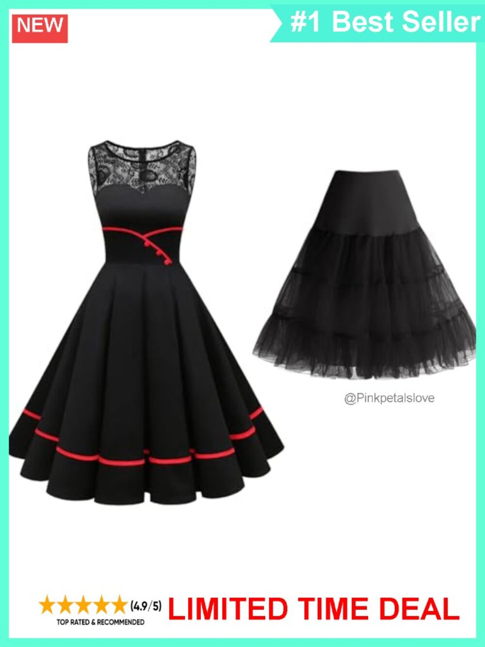 Vintage 1950s Swing Cocktail Dress with Petticoat Underskirt Set